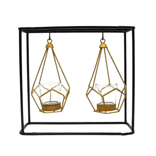 IRON HANGING 2 T-LIGHT HOLDER (BLACK & GOLD)